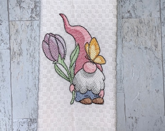 Gnome Spring Summer Tulip Flower Kitchen Towel, Machine Embroidered