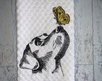 Labrador Retriever, Lab, Butterfly Sketch Kitchen Towel, Machine Embroidered