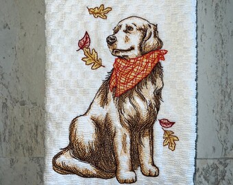 Golden Retriever, Fall Autumn Bandana Kitchen Towel, Machine Embroidered