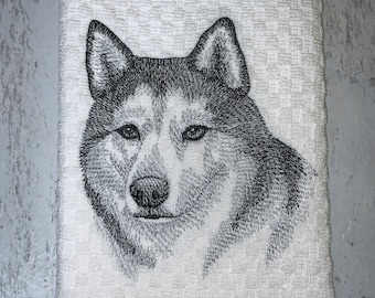 Siberian Husky Dog Face Sketch Kitchen Towel, Machine Embroidered