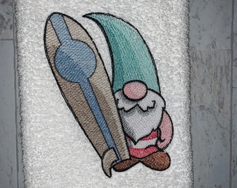 Surfer Gnome Bath Hand Towel, Machine Embroidered