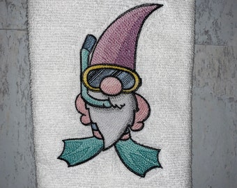 Scuba Diver, Snorkel Gnome Bath Hand Towel, Machine Embroidered