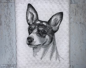 Rat Terrier Dog Face Sketch Kitchen Towel, Machine Embroidered