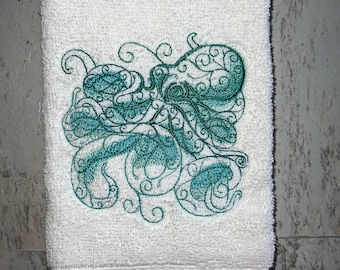 Colorful Octopus Sea Life Bath Hand Towel, Machine Embroidered