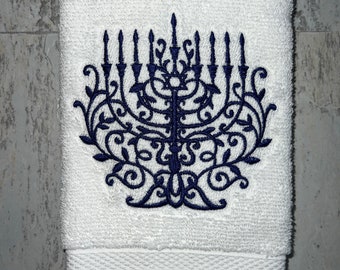 Hanukkah Menorah Bath Hand Towel, Machine Embroidered