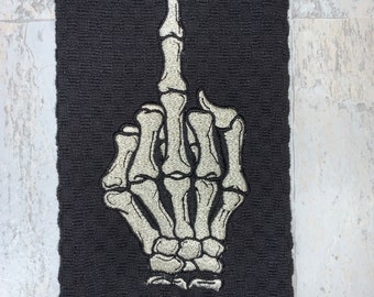 Skeleton Middle Finger Halloween Kitchen Towel, Machine Embroidered