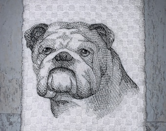Bulldog Dog Face Sketch Kitchen Towel, Machine Embroidered