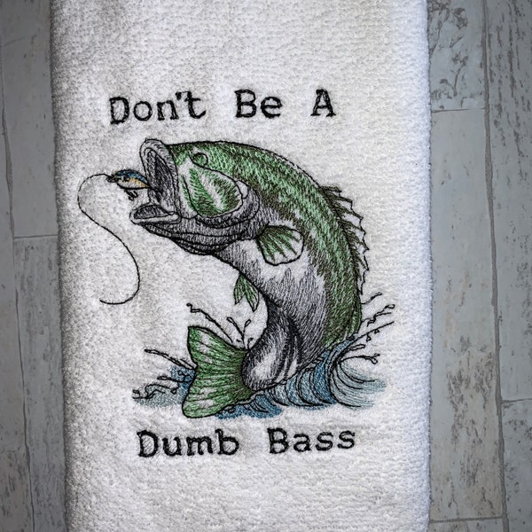 Bass Fish Bath Hand Towel, Machine Embroidered