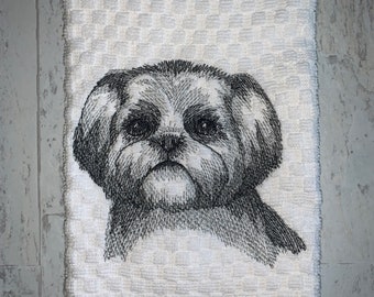 Shih Tzu Dog Face Sketch Kitchen Towel, Machine Embroidered