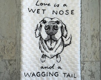 Golden Retriever Sketch, Wet Nose, Love Kitchen Towel Embroidered