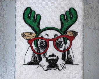 Basset Hound, Christmas, Antlers Kitchen Towel, Machine Embroidered