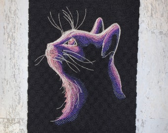 Cat Kitten Silhouette Outline Profile Kitchen Towel, Machine Embroidered