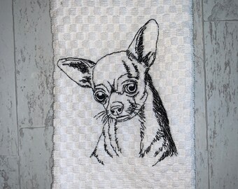 Chihuahua Dog Face Sketch Kitchen Towel, Machine Embroidered