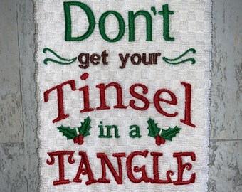 Christmas Tinsel Tangle Kitchen Towel, Machine Embroidered
