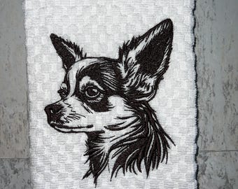 Long Haired Chihuahua Dog Face Sketch Kitchen Towel, Machine Embroidered