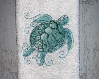 Colorful Sea Turtle, Seaside Bath Hand Towel, Machine Embroidered
