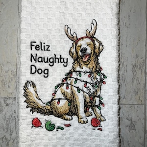 Golden Retriever, Christmas Lights, Antlers  Kitchen Towel, Machine Embroidered