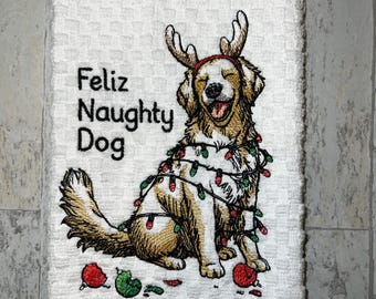 Golden Retriever, Christmas Lights, Antlers  Kitchen Towel, Machine Embroidered