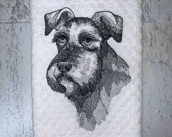 Schnauzer Dog Face Sketch Kitchen Towel, Machine Embroidered