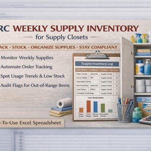 May include: An image of a supply inventory management system. The text reads "RRC Weekly Supply Inventory for Supply Closets." Features include monitoring supplies, tracking orders, and spotting usage trends. A cabinet is stocked with cleaning supplies.