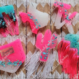 May include: A set of six pink and turquoise car air fresheners with fringe. The shapes include a cactus, a cowboy boot, a state of Texas, a pair of wings, and a Wrangler logo.