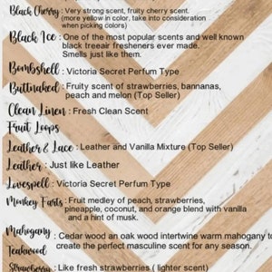 May include: A list of scents and their descriptions. The scents include Baja Cactus, Black Cherry, Black Ice, Bombshell, Buttnaked, Clean Linen, Fruit Loops, Leather & Lace, Leather, Lovespell, Monkey Farts, Mahogany, Teakwood, Strawberry, Volcano, and Watermelon.