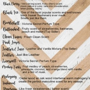 Puede incluir: Una lista de aromas y sus descripciones. Los aromas incluyen Baja Cactus, Black Cherry, Black Ice, Bombshell, Buttnaked, Clean Linen, Fruit Loops, Leather & Lace, Leather, Lovespell, Monkey Farts, Mahogany, Teakwood, Strawberry, Volcano y Watermelon.