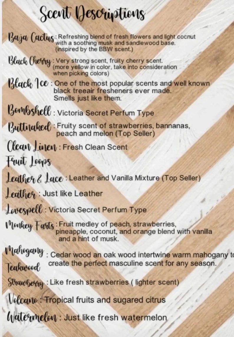 Puede incluir: Una lista de aromas y sus descripciones. Los aromas incluyen Baja Cactus, Black Cherry, Black Ice, Bombshell, Buttnaked, Clean Linen, Fruit Loops, Leather & Lace, Leather, Lovespell, Monkey Farts, Mahogany, Teakwood, Strawberry, Volcano y Watermelon.