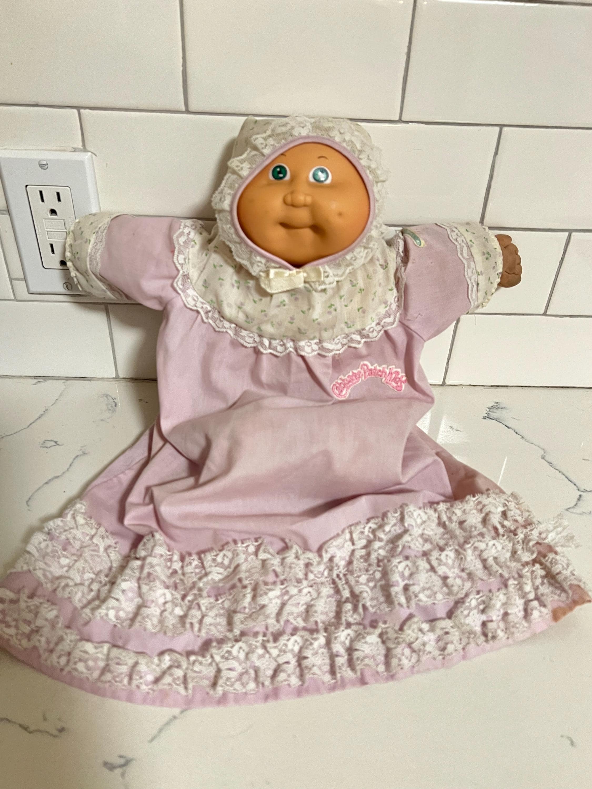 strapless open back dress Cabbage Patch Kids Flower Girl, Pink Dress, White Hat & Blond Hair –  geekedouttoys main image 0