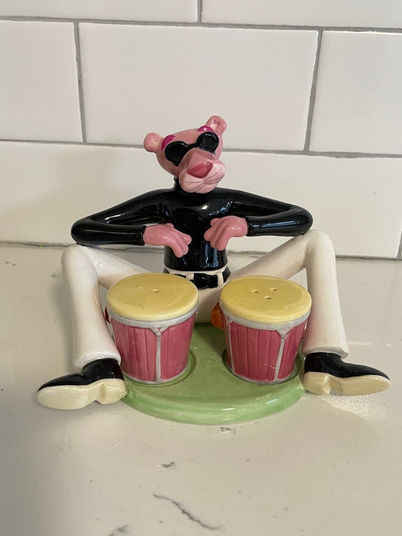 Vintage 1998 Pink Panther Playing Bongo Drums Salt Pepper