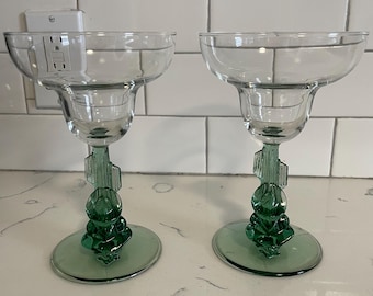Vintage-Two (2) Mexican Margarita Glasses Green Stems Siesta Man Sombrero Cactus