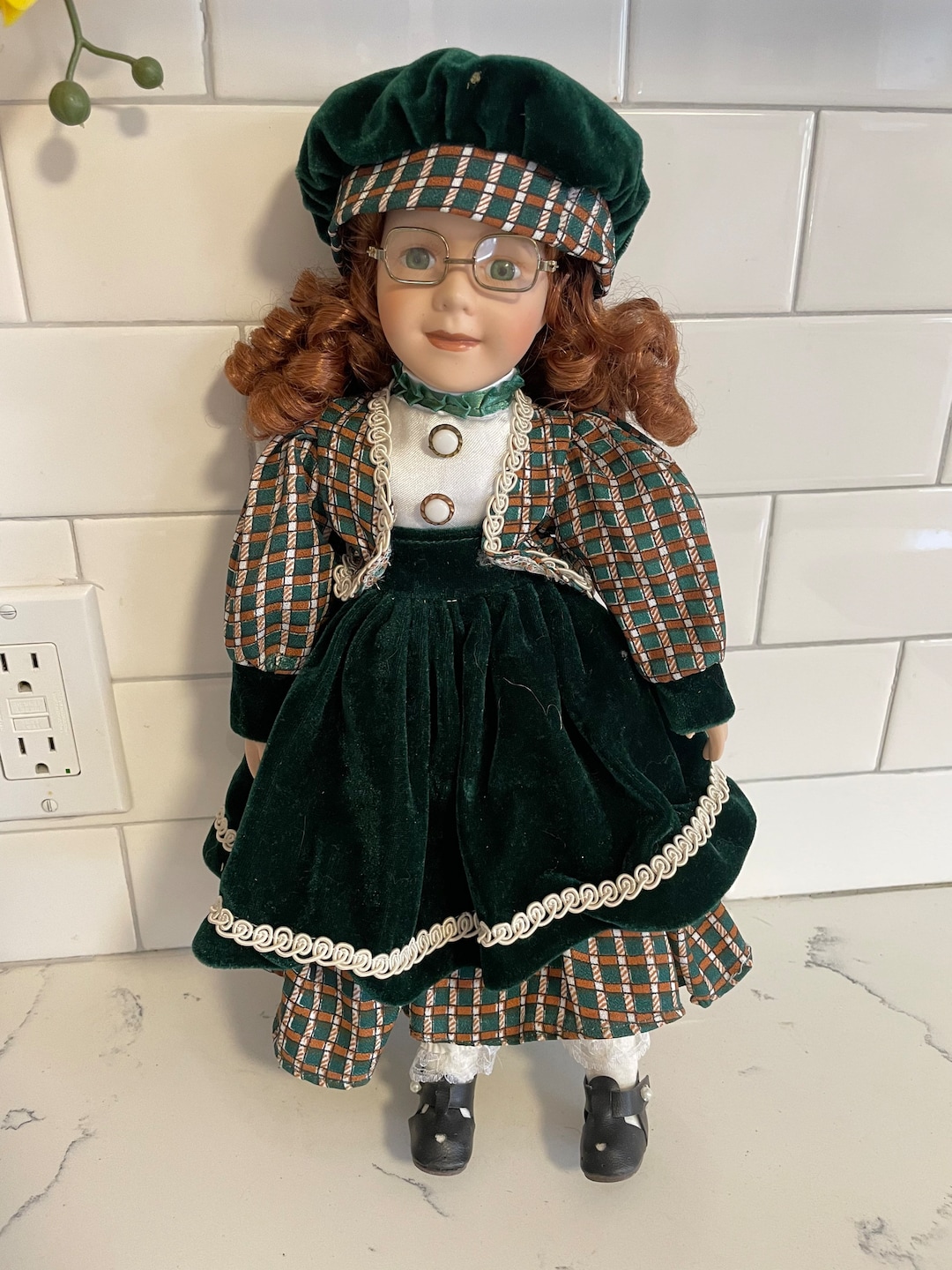 Vintageporcelain Dollred Hair W/curlsgreen Eyeseyeglassesdress and