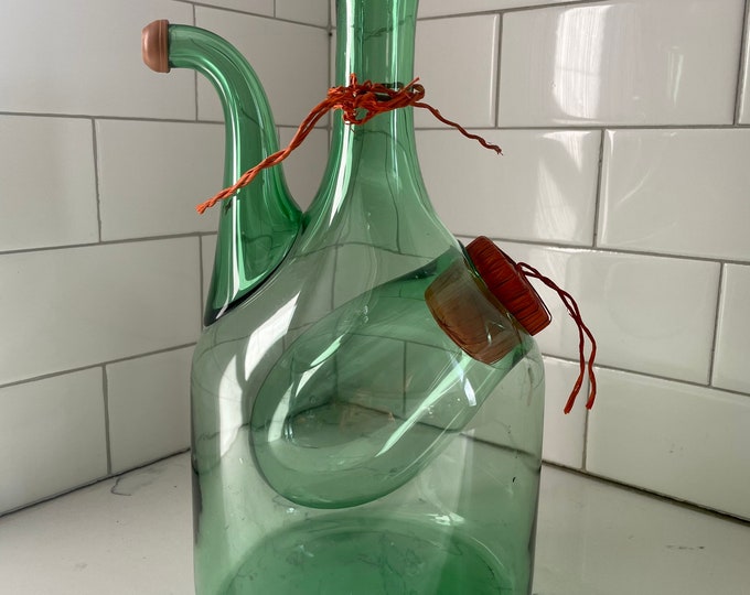 Vintage Italian Wine Glass Decanter Green Ice Chamber Straw Stopper Etsy