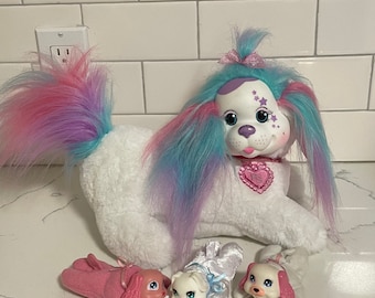 Penny Puppy Surprise-White Dog Rainbow Hair Plush Mom W/3 Puppies