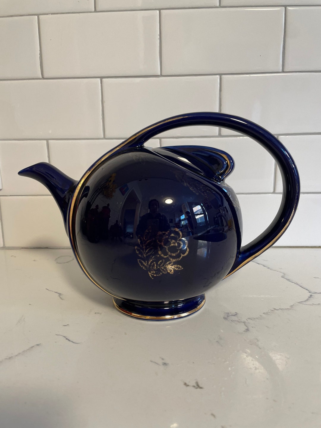 Vintage Hall Cobalt Blue Airflow Teapot 6 Cup Art Deco Gold Etsy