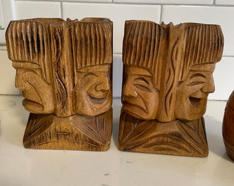 Set Of 2-VTG Hand-Carved Tall Tiki Ashtray - Blond Wood w/ Happy and Sad Faces