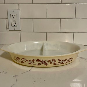 Pyrex Vintage Gold Leaf Acorn Divided Casserole Dish Golden 1-1/2 Qt  - No Lid