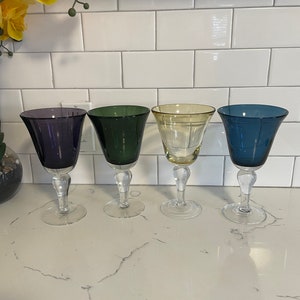 Vintage Hand Blown-Heavy  Glass Goblets-Set of 4-Purple-Blue-Yellow-Green