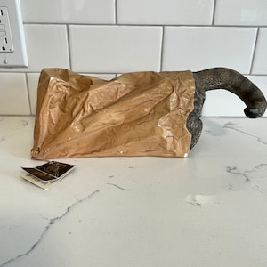 May include: A brown paper bag with a large, dark brown, curved, ceramic horn sticking out of the top. The bag is crumpled and has a small, brown tag attached to it.