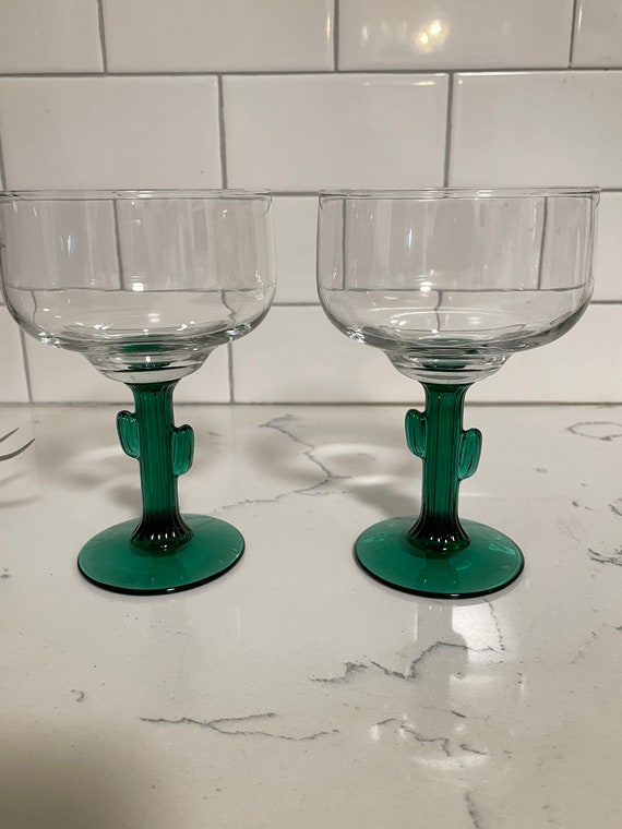 Margarita Glasses Set of 2 Cactus Libby Green Stem Glassware 