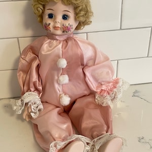 Vintage 1989 Brinn’s Doll Porcelain Clown Doll, 16” tall-Pink Floral Cheeks