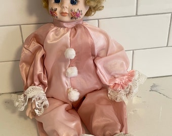 Vintage 1989 Brinn’s Doll Porcelain Clown Doll, 16” tall-Pink Floral Cheeks