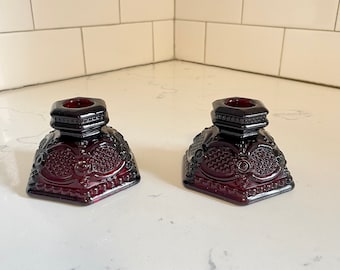 2 Vintage Ruby Red Glass Candlestick Holders 3”x2.25” Tall Avon 1876 Cape Cod
