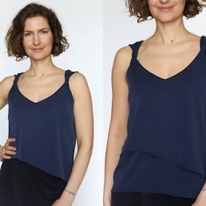 Navy blue asymmetric minimalist tank top | plain summer tank top | elegant V neck tank top | dark blue tank top | office crop top