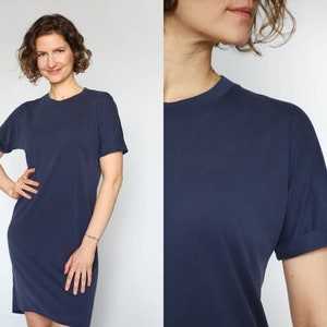 Navy summer crew neck dress | sustainable clothing | straight dress | women dress | soft tshirt dress | minimalist style | dark blue dress