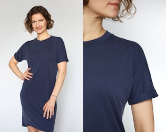 Navy summer crew neck dress | sustainable clothing | straight dress | women dress | soft tshirt dress | minimalist style | dark blue dress