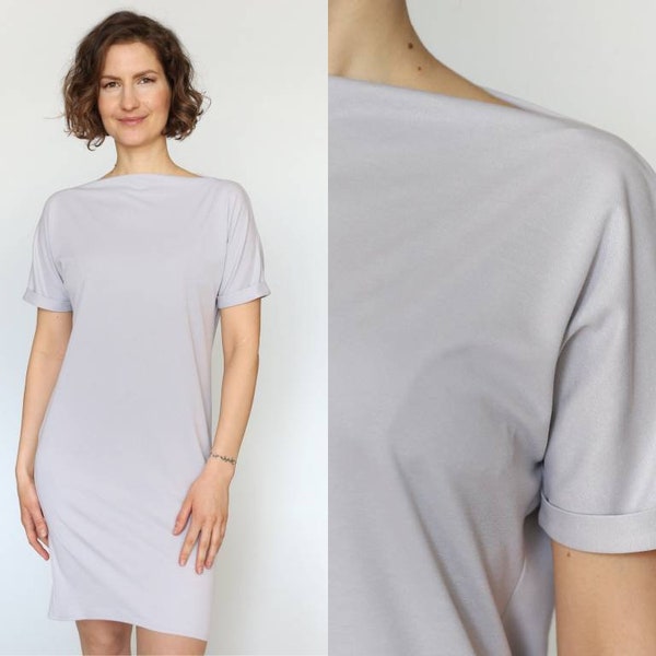 Robe douce grise à encolure sabrina | robe en jersey de cupro | élégante robe pâle | robe pastel minimaliste | longue robe t-shirt | robe d'été