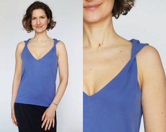 Bright blue tank top for women | minimalist style | summer office tank top | sexy elegant top | rolled straps V neck tank top | soft top