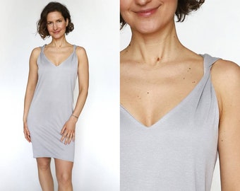 Pastel minimalist grey sleeveless dress | V neck summer dress | elegant cocktail dress | short jersey dress | casual beach dress |