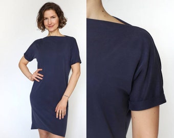 Navy boat neck short sleeve dress | solid dress | office casual summer dress | minimalist dress | soft touch dress | tshirt dress |